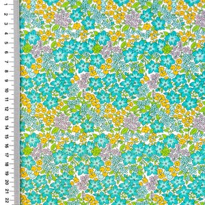 🌼 Popeline de coton – Fleurs turquoise & jaune sur fond blanc – Oeko-Tex®