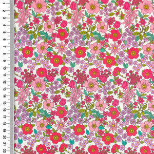 🌸 Popeline de coton – Fleurs roses & lilas sur fond blanc – Oeko-Tex®