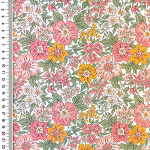 🌸 Popeline de coton imprimée – Fleurs Vintage Corail & Moutarde