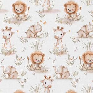 Coton enfants imprimé Animaux de la Savane – Blanc & Caramel – Certifié OEKO-TEX® Classe I