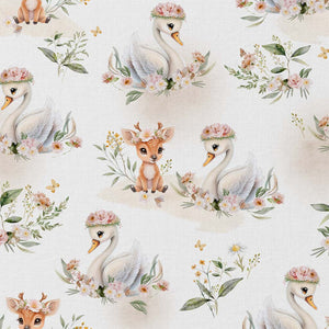 Coton enfants imprimé Cygnes & Faon fleuri – Blanc & Vert – Certifié OEKO-TEX® Classe I
